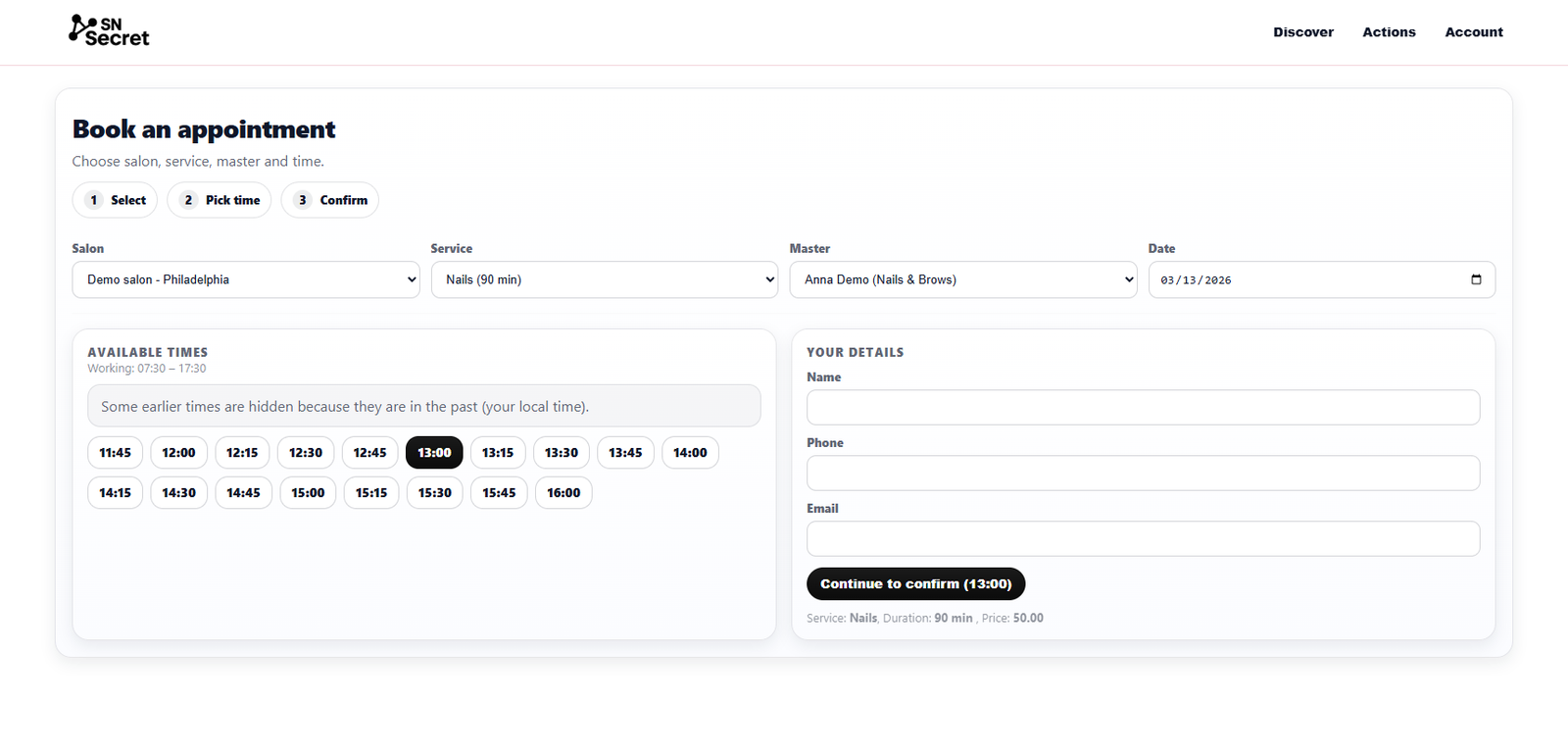 Salon booking flow and appointment page preview